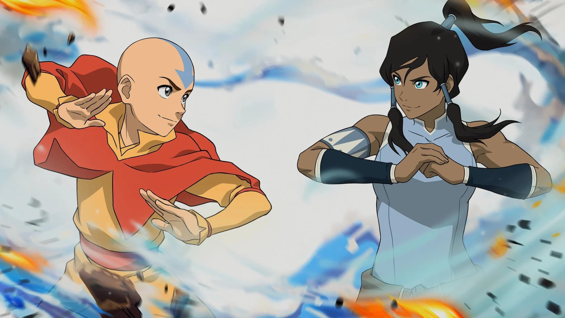 Aang e Zuko em confronto num cenário estilizado de Avatar Legends: The Fighting Game