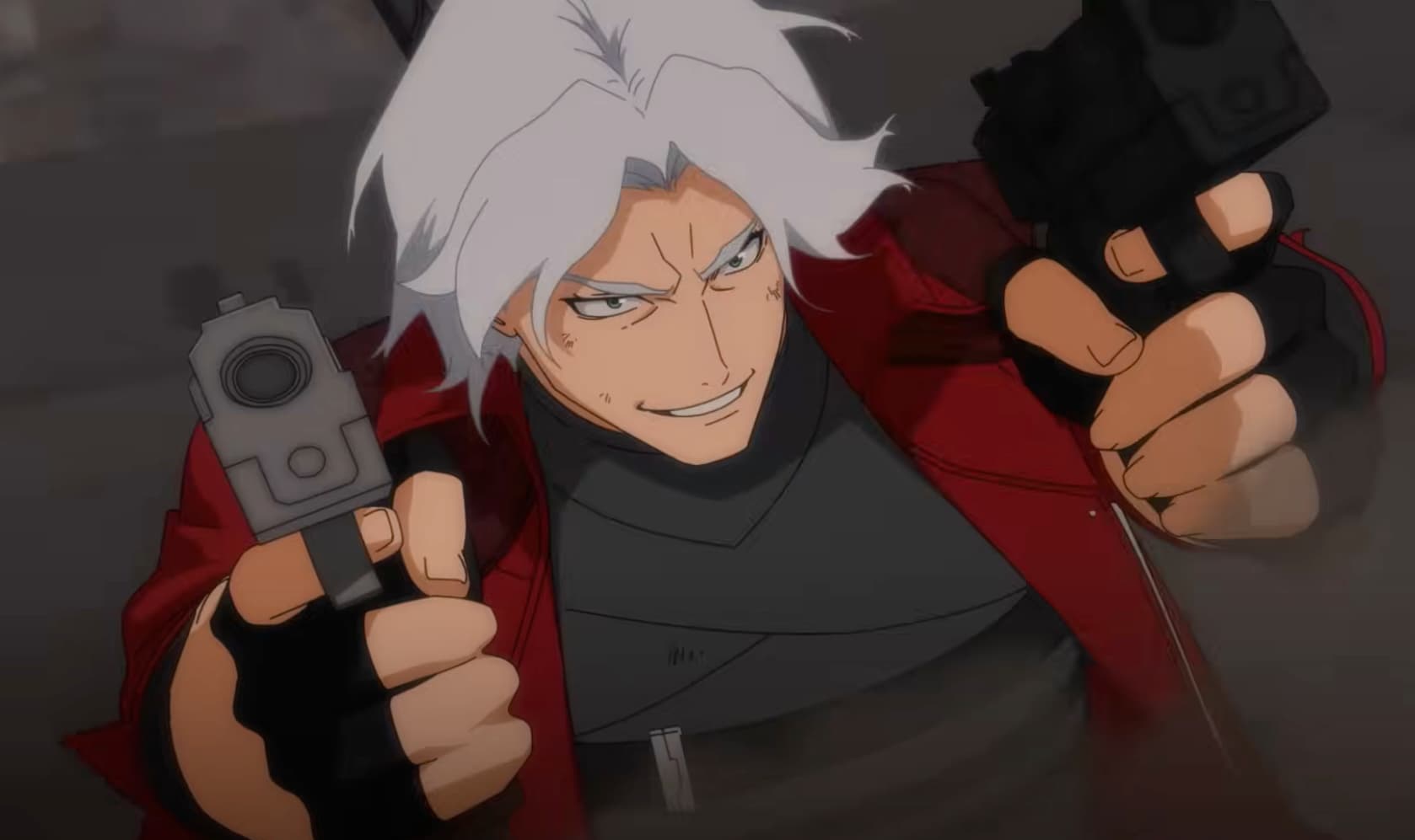 Dante e Vergil apontando suas armas para o espectador
